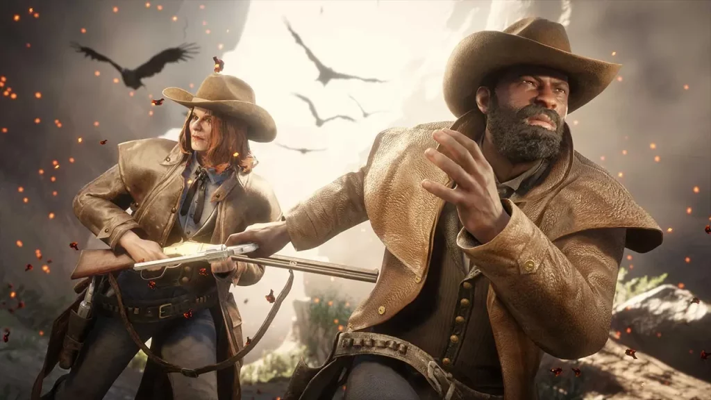 Deux cowboys portant la tenue communautaire du mois de juin 2025 dans Red Dead Online