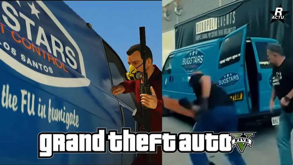 Acteurs Ned Luke (Michael De Santa) et Steven Ogg (Trevor Philips) dans une reproduction d'une cinématique du jeu vidéo GTA 5 avec une camionnette Bugstars à l'édition 2025 de la Comic Con à Manchester.
