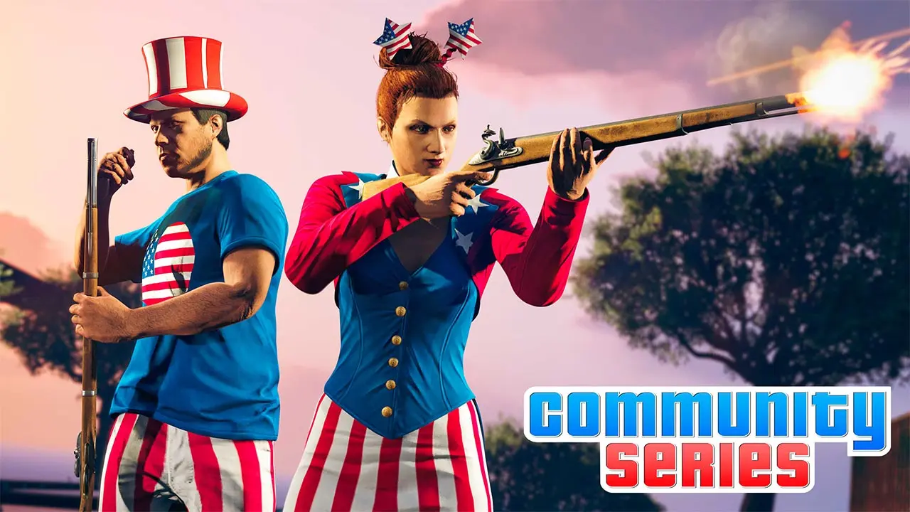 Deux personnages de GTA Online habillés aux couleurs du drapeau américain dans une activité créée par la communauté du jeu.