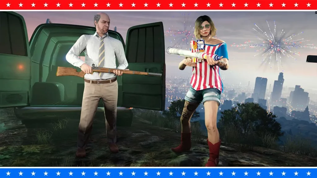 Deux personnages de GTA Online, chacun tenant le mousquet ou le lanceur pyrotechnique à côté de l'armurerie mobile (gun van). En arrière plan se trouve la ville de Los Santos illuminé de feux d'artifices.