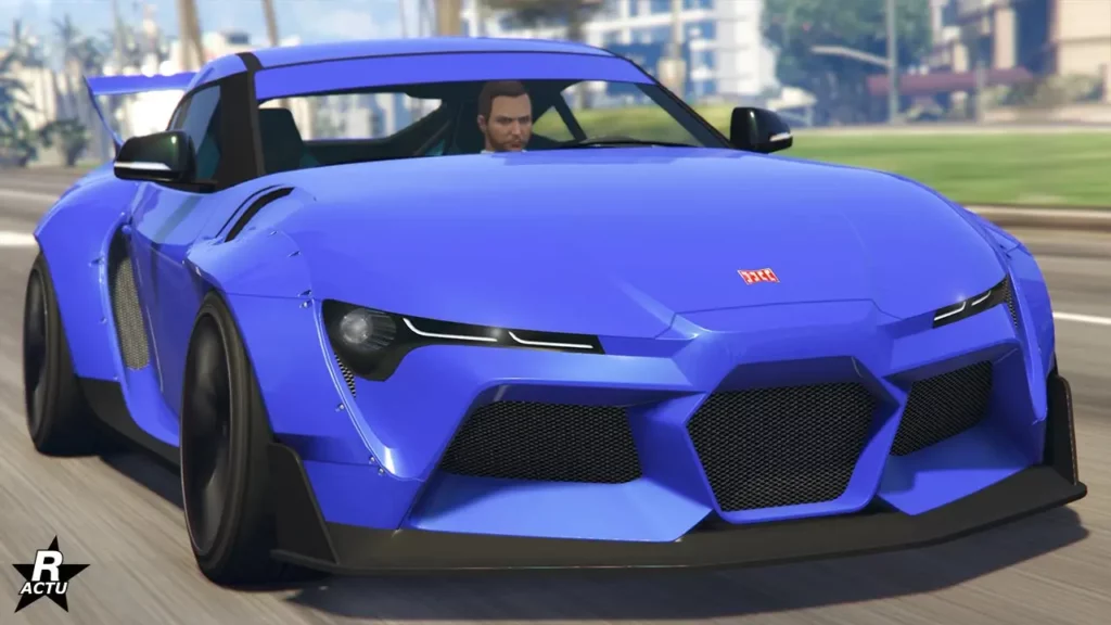 Le bolide de course japonais est peint en bleu avec des nuances mauves avec une vue avant et ne dispose d'aucune décalcomanie sur sa carrosserie.