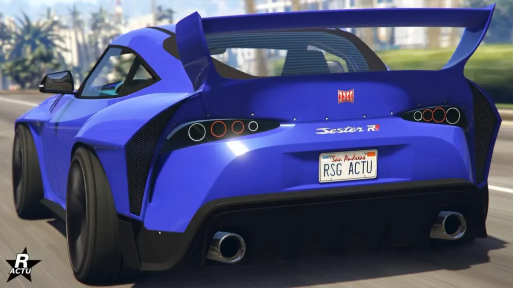 Vue arrière de la version Los Santos Car Meet (LSCM) du véhicule japonais peint en bleu / mauve.