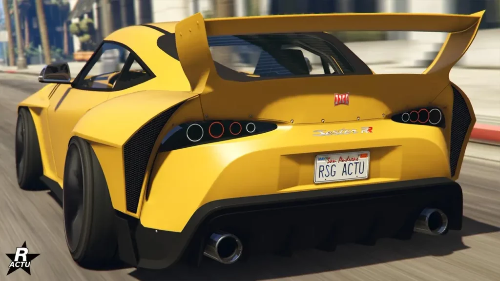 La voiture de sport moderne est peinte en jaune, le kit large équipé sur sa carrosserie est particulièrement visible sur les côtés latéraux.