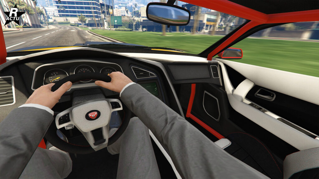 Point de vue du conducteur au volant de la Gauntlet Hellfire. L'habitacle intérieur dispose d'un revêtement blanc sur le haut du tableau de bord et des arceaux de sécurité rouge sont dans les coins.