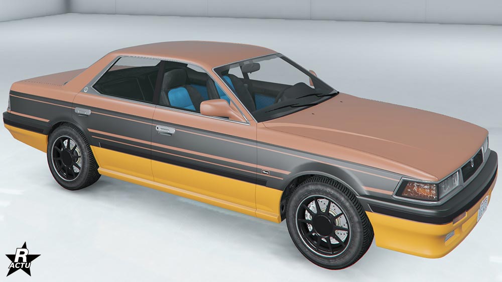 Skin "Haiso noir" sur la berline. Il s'agit d'une décalcomanie d'une bande noire large qui fait le tour de la carrosserie à mi hauteur.