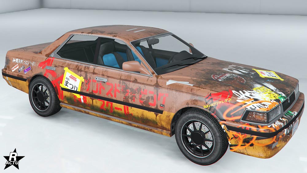 Motif "Kurukuru" qui ajoute un effet de rouille sur la carrosserie de la voiture, ainsi que diverses inscriptions rouges de caractères japonais.