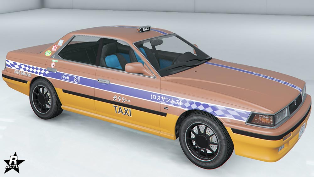Motif "Taxi importé" qui ajoute une décalcomanie  de taxi japonais : une bande bleu à damier blanc sur les côtés latéraux de la berline, ainsi que sur le capot et le toit.