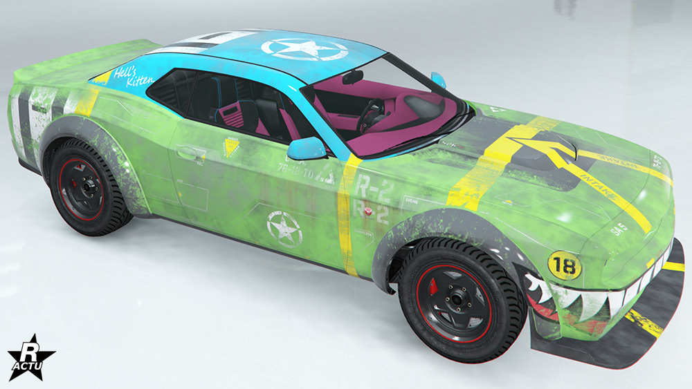 Motif "Chaton infernal" sur la carrosserie du bolide. Ce skin ajoute des décalcomanies, dont celui d'une bouche de requin sur le pare-chocs avant, des bandes jaunes sur le capot, ainsi qu'une étoile militaire blanche en grand sur le toit, et une plus petite en bas des portières.