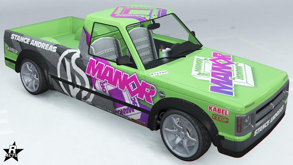 Motif "Manor drift" qui ajoute le logo de l'entreprise fictive de la saga Grand Theft Auto "Manor" dans un dégradé de rose et violet sur le capot et les portes de la voiture, ainsi qu'un vinyle gris géant sur les ailes arrières, surmonté du logo du "Salon auto de LS" et "Stance Andreas".