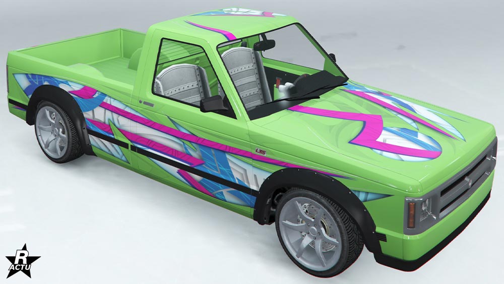Motif "Sensation Yokohama" qui ajoute des décalcomanies de bandes courbées roses, banches et bleues sur la carrosserie du Walton L35 de drift.
