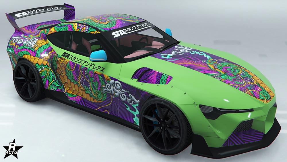 Motif "Dragon électrique LSCM" qui ajoute une décalcomanie de dragon mauve sur une grande partie du véhicule.