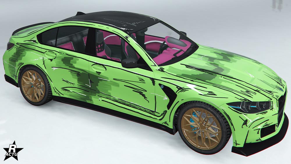 Motif "Cel Shading" ajoute un effet bande dessinée. Les arêtes de la carrosserie sont soulignées avec des bandes noires, tout en ajoutant un effet sale sur le reste du bolide. 