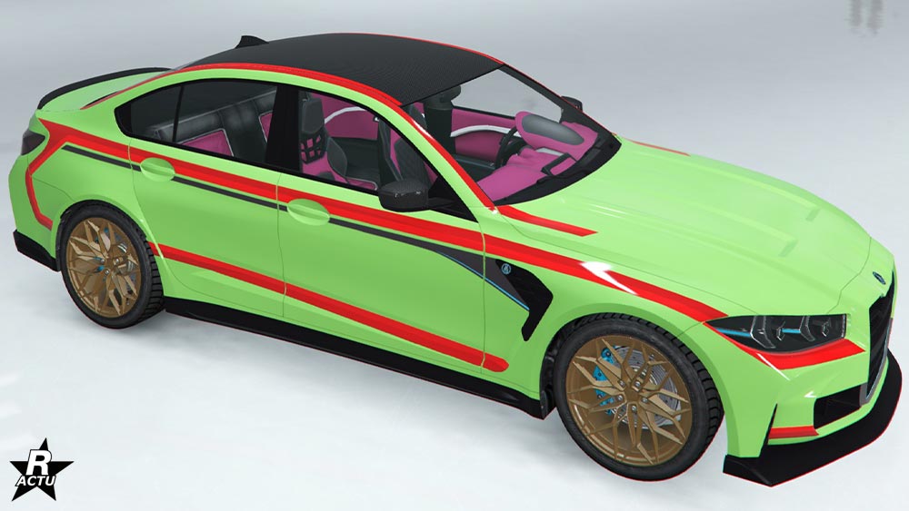 Skin de véhicule "Leicht" pour la Sentinel GTS. Il s'agit de diverses décalcomanies de bandes rouges sur les côtés latéraux de la carrosserie.