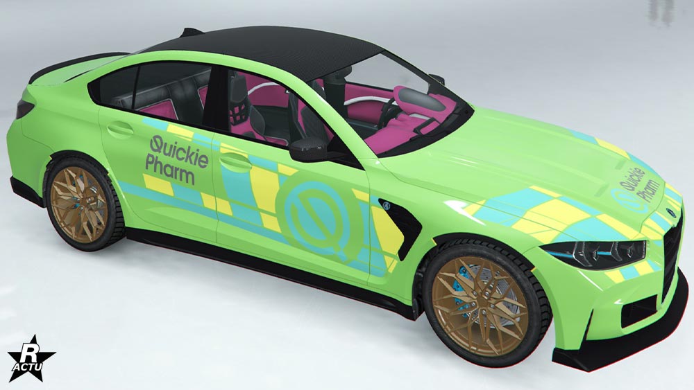 Skin "QuickiePharm" qui ajoute des damiers bleus et jaune sur les côtés latéraux et les ailes avant, ainsi que le logo "QuickiePharm" sur les portières arrière de la voiture.