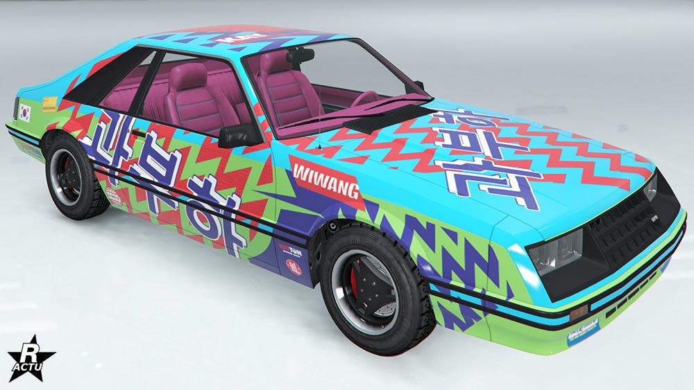 Skin de véhicule "Import coréen" qui ajoute des autocollants en caractères coréen sur l'ensemble de la carrosserie.