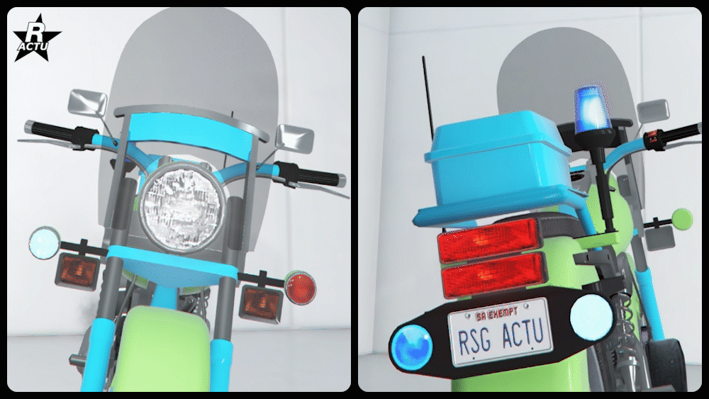 Avertisseurs lumineux ronds rouge/bleu à l'avant de la moto, torche lumineuse base sur le top case et gyrophares arrière de série.