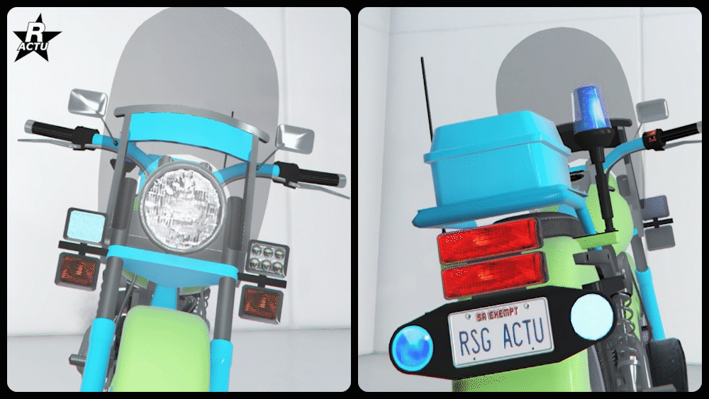 Gyrophares rectangulaires rouge/bleu de chaque côtés de la fourche avant du deux roues, en plus d'une torche lumineuse bleue sur le Top case et des avertisseurs lumineux de série à l'arrière.