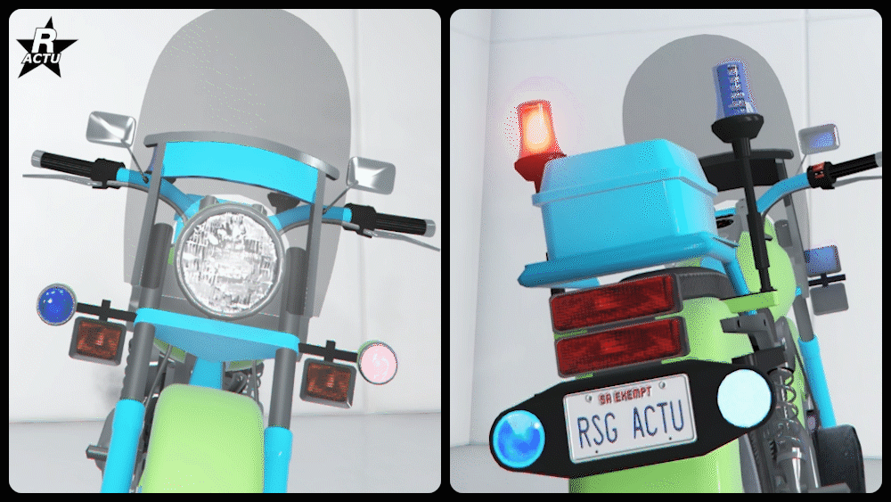 Gyrophares arrière de série, double torche basse rouge/bleu sur le top case, et avertisseurs lumineux ronds rouge/bleu de parte autre de la fourche avant. 