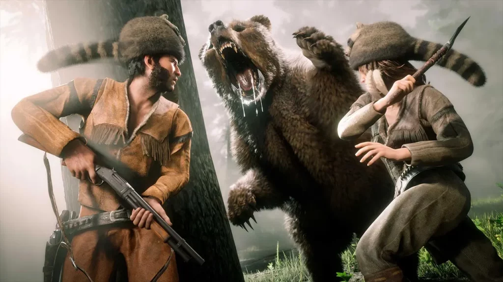 Deux personnages de Red Dead Online portant la tenue communautaire de juillet 2025, tout en étant poursuivi par un ours.