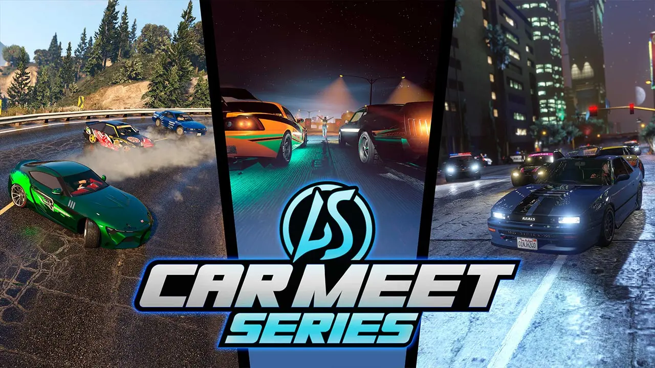 Image scindée en trois parties, offrant un visuel sur des courses de drift, de dragster et de poursuite - Toutes des épreuves proposées par le Salon auto de LS.