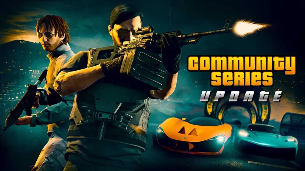 Deux joueurs de GTA Online et deux voitures du jeu, mettant en vedettes les activités communautaires.