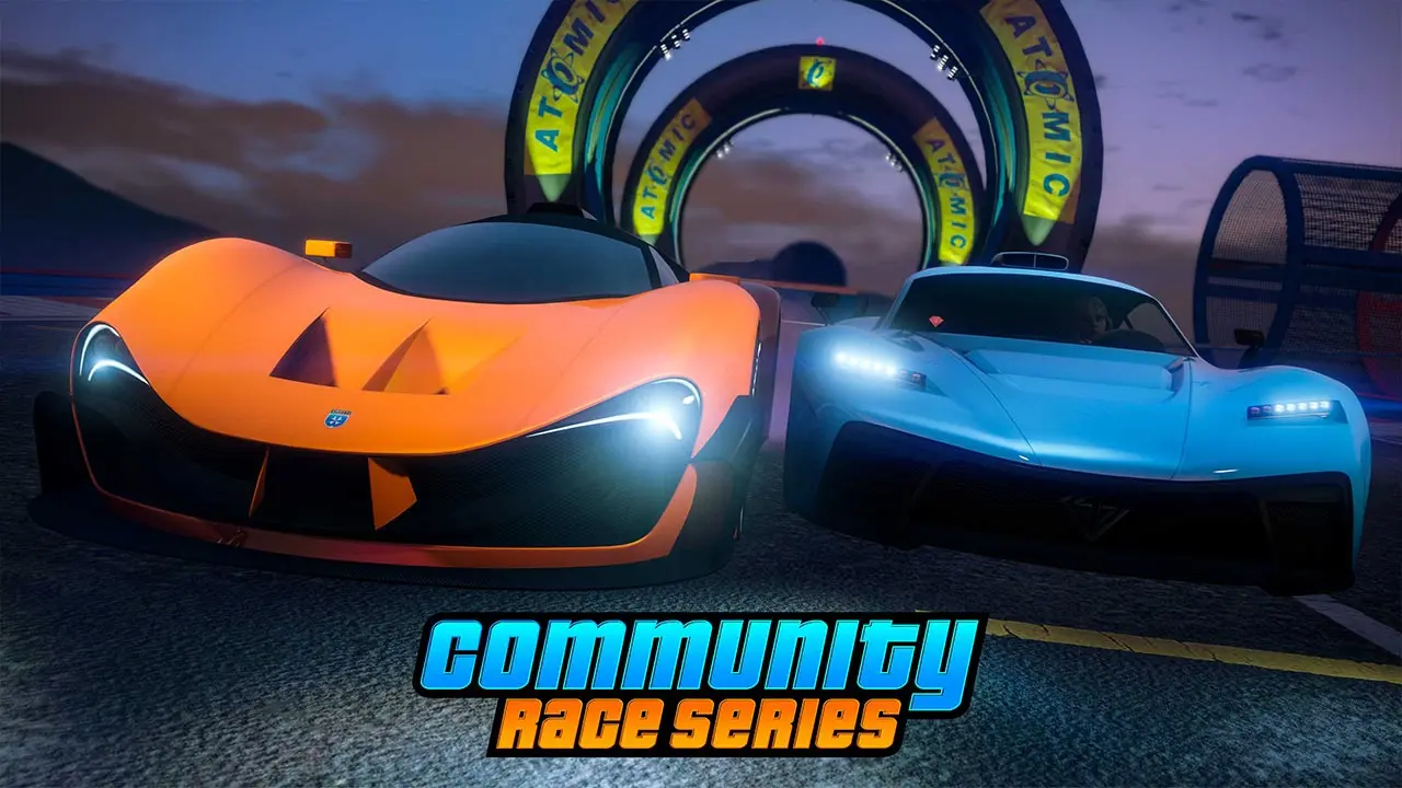 Deux voitures de sport roulant l'une à côté de l'autre dans une course créée par la communauté de GTA Online