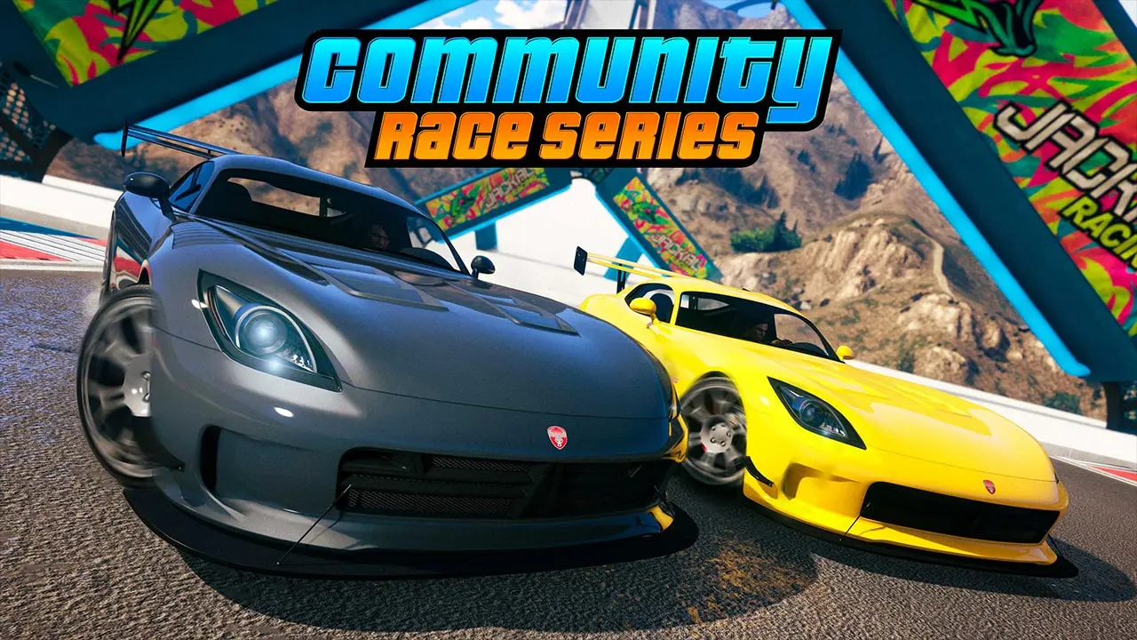 Deux voitures de sport Banchee GTS (une jaune et une grise) sur une piste d'une course casse-cou créée par la communauté de GTA Online.