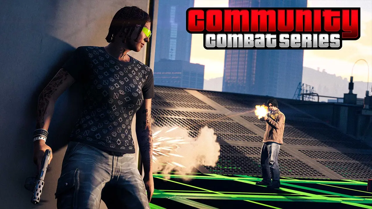 Un joueur de GTA Online se planquant derrière un mur, tandis qu'un autre lui tire dessus sur un sol néon vert dans une épreuve communautaire de type combat.