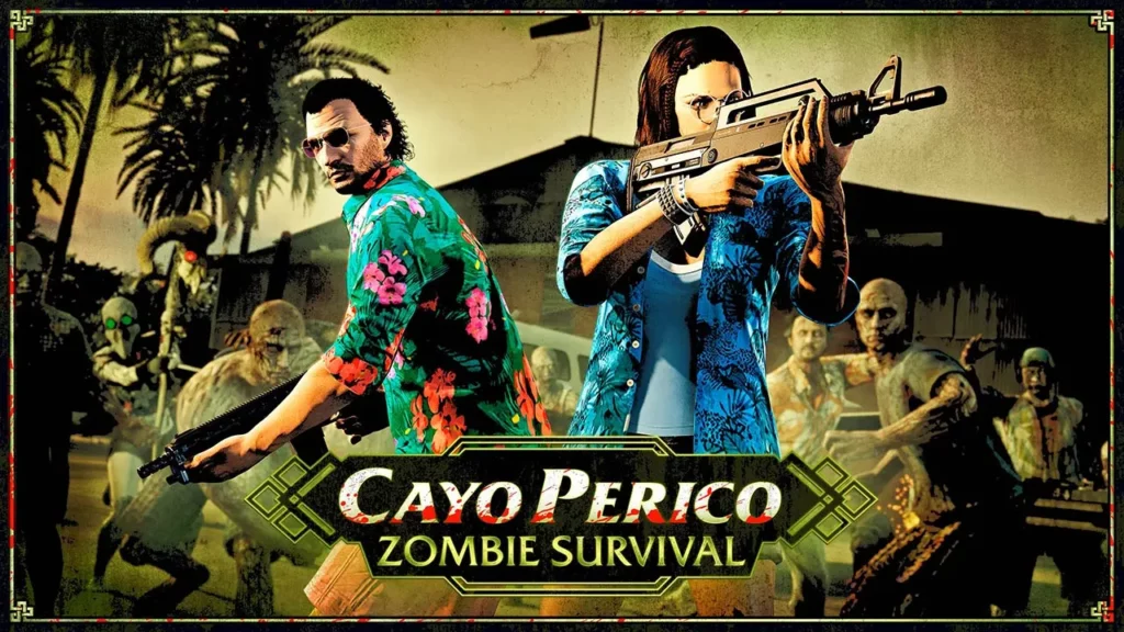 Deux joueurs de GTA Online au premier plan avec différents zombies derrière eux dans l''Épreuve de survie à Cayo Perico