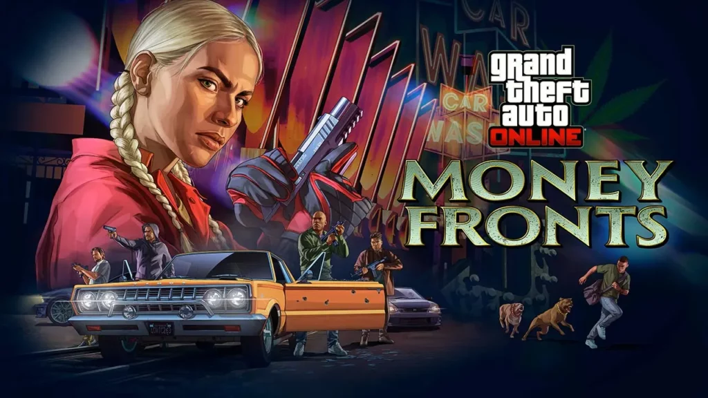 Artwork officiel de la mise à jour 1.71 de GTA Online : "Argent sale et affaires propres" (Money Fronts dans son nom original). Il s'agit d'un montage de plusieurs images, avec en arrière plan la station de lavage Hands On de nuit, avec au premier plan un visage d'un personnage jouable féminin de profil et la voiture Tampa GT. À droite de l'image se trouve le logo officiel du DLC "Money Fronts".