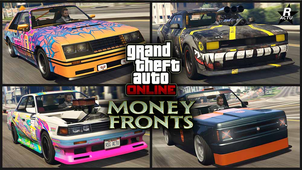 Images regroupant des images des voitures Vapid Dominator FX, Declasse Walton L35 de drift, Bravado Gauntlet Hellfire et Annis Hardy : quatre des cinq nouvelles voitures de drift qui ont été ajoutées dans GTA Online lors de cet évènement de bonus et promos de la mise à jour Money Fronts de Grand Theft Auto Online.