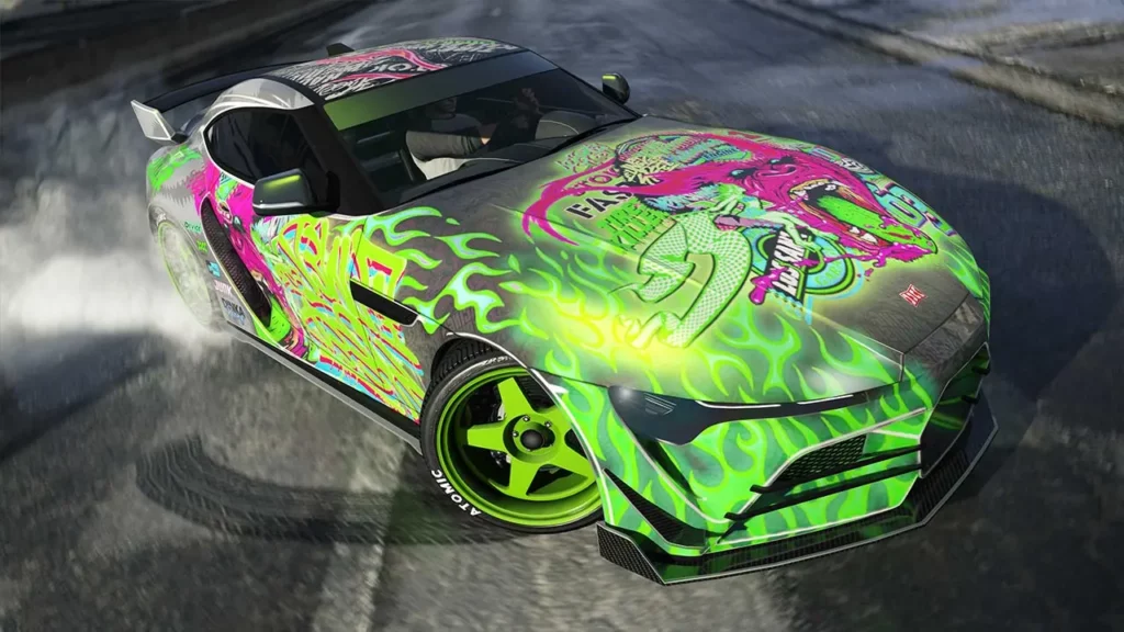 Voiture japonaise Dinka Jester RR driftant dans les rues de Los Santos avec une peinture verte et le motif rare "Drift Gorilla Green" sur sa carrosserie.