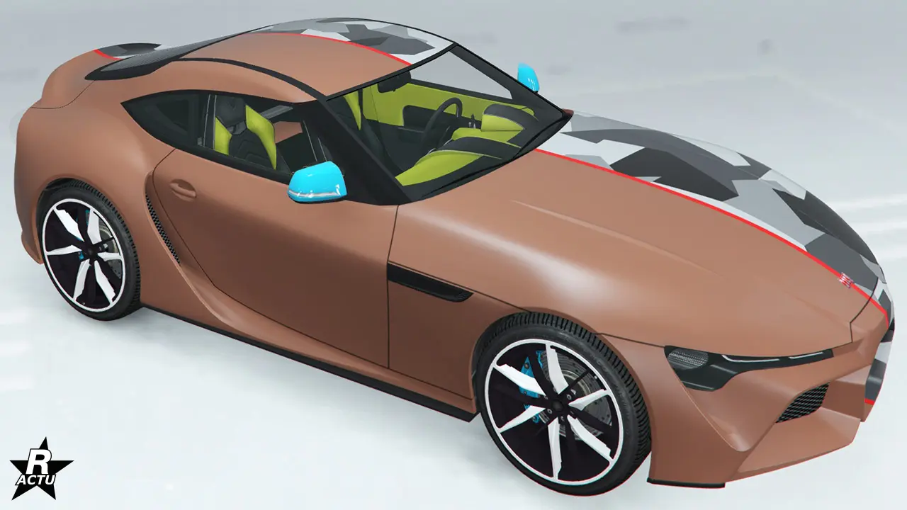 Fine bande rouge traversant au centre de façon verticale, la carrosserie de la Jester RR. Le côté droit de cette bande, est intégralement recouvert d'un camouflage militaire urbain de formes géométriques blanches et grises.