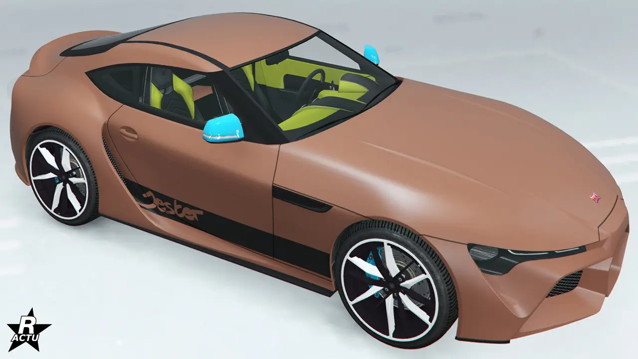 Skin de carrosserie "Décorations des années 90 noires" qui ajoute sur les côtés latéraux au niveau du bas de caisse, une bande noire incrustée du nom du véhicule : Jester.