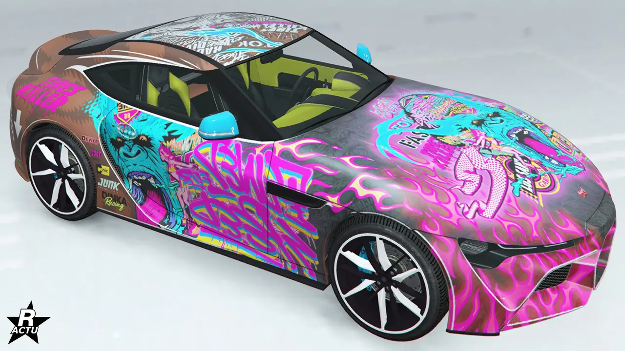 Motif "Drift gorille rose" ajoutant des autocollants de tags et des flammes roses sur l'avant du véhicule, ainsi qu'une décalcomanie de tête de gorille bleu.