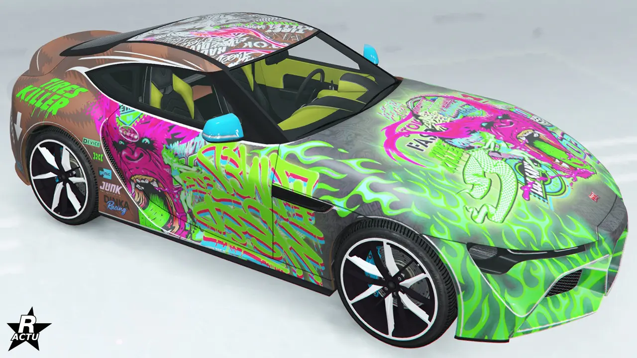 Skin rare "Drift gorille vert" ajoutant des décalcomanies de tags et flammes vertes, ainsi que la tête d'un gorille rose sur le capot et les portières.