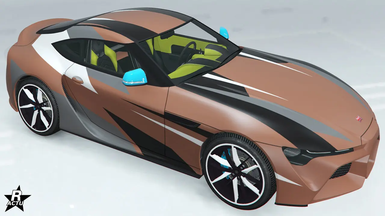 Motif ajoutant des décalcomanies géométriques grises et noires sur la carrosserie de la bolide.