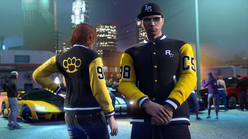 Deux personnages de GTA Online portant la veste ultra rare "Veste Teddy R* Community Series".