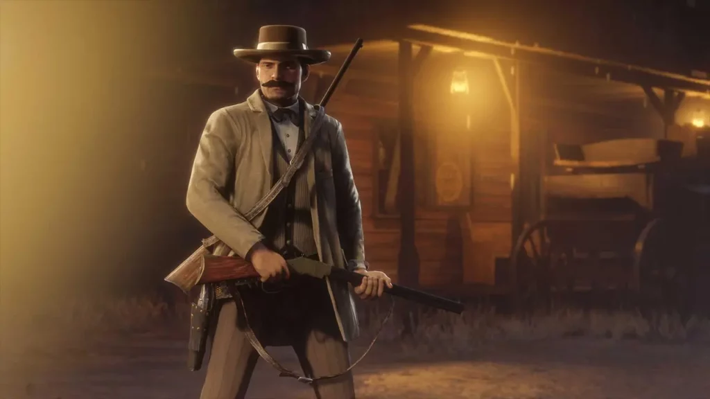 Un joueur de Red Dead Online portant la tenue communautaire d'août 2025. Il s'agit d'un costume gris.