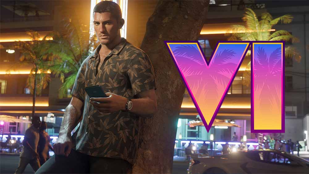 Jason Duval, l'un des deux personnages jouables dans le jeu Grand Theft Auto VI, adossé à un palmier sous les néons des immeubles en pleine nuit dans la ville Vice Citi. Il consulte son téléphone portable. Le logo de GTA 6 apparaît en grand à droite de l'image.
