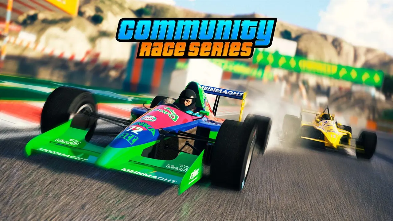 Une voiture verte de type "ultralégère" sur un circuit d'une course communautaire créée par un joueur de GTA Online