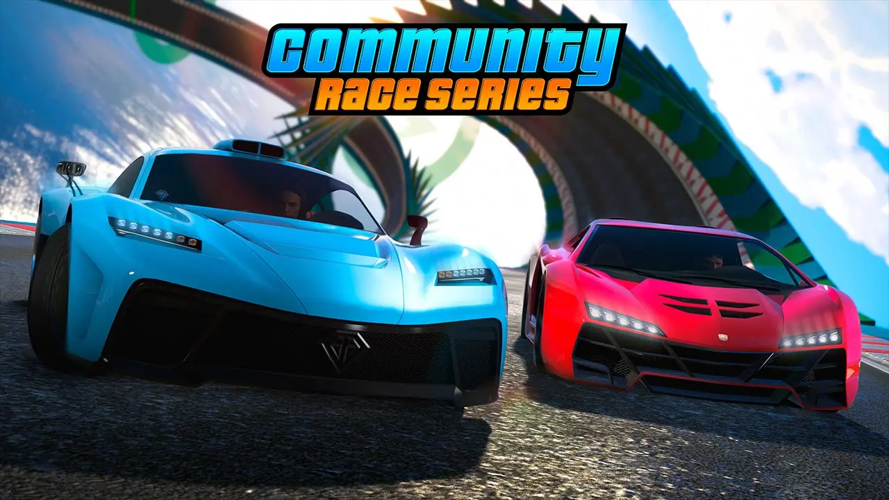 Deux voitures supersportives dans une course casse-cou en forme de spirale, l'activité a été créée par la communauté de GTA Online.