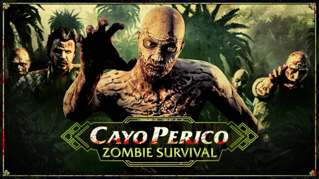 Trois zombies qui se jettent en direction des personnes regardant cette image. Les morts-vivants sont dans la survie sur l'île de Cayo Perico, une activité du jeu vidéo GTA Online de Rockstar Games. En arrière plan, derrière les zombies, se trouve une jungle tropicale de palmiers.