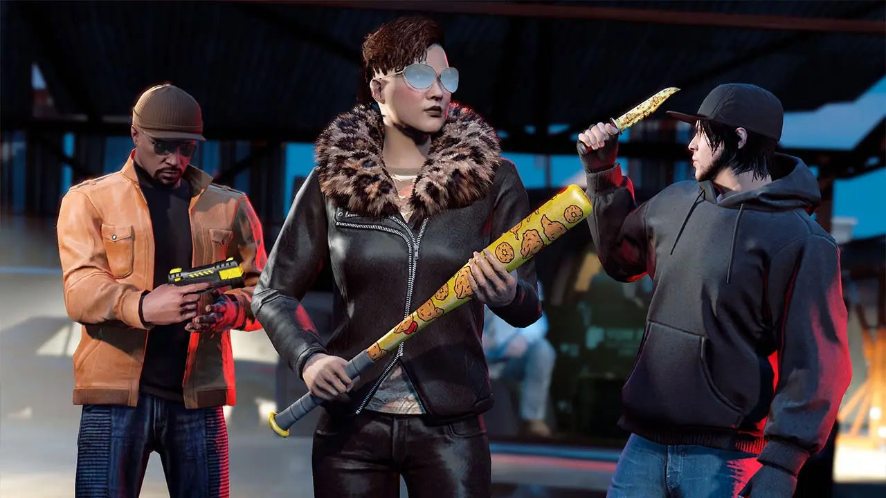 Un joueur avec le motif « Cluckin’ Bell » sur sa batte de baseball, ainsi qu'un autre avec le motif « Tequila » sur son couteau