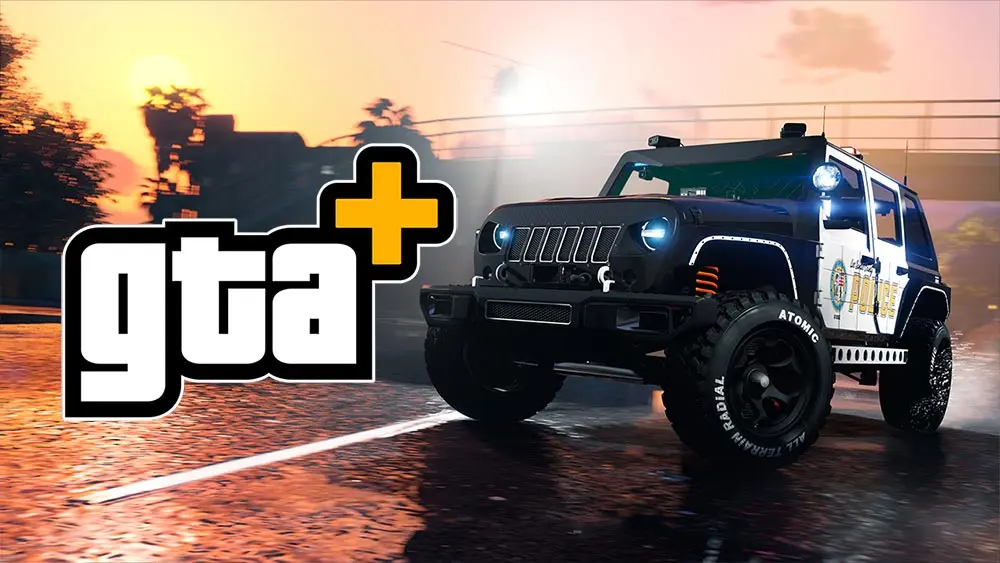 La voiture de police Canis Terminus de patrouille sous un couché de soleil avec un grand logo "GTA+" à côté. Il s'agit d'une bannière d'article à propos des avantages GTA+ offerts aux personnes disposant de l'abonnement premium de GTA Online pour le mois de septembre 2025
