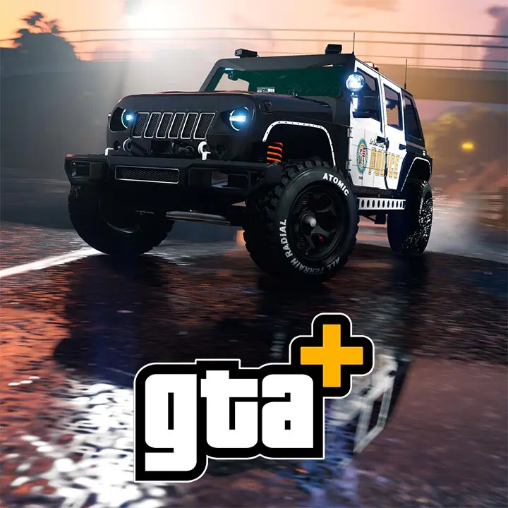La voiture de police Canis Terminus de patrouille sous un couché de soleil avec un grand logo "GTA+" à côté. Il s'agit d'une bannière d'article à propos des avantages GTA+ offerts aux personnes disposant de l'abonnement premium de GTA Online pour le mois de septembre 2025