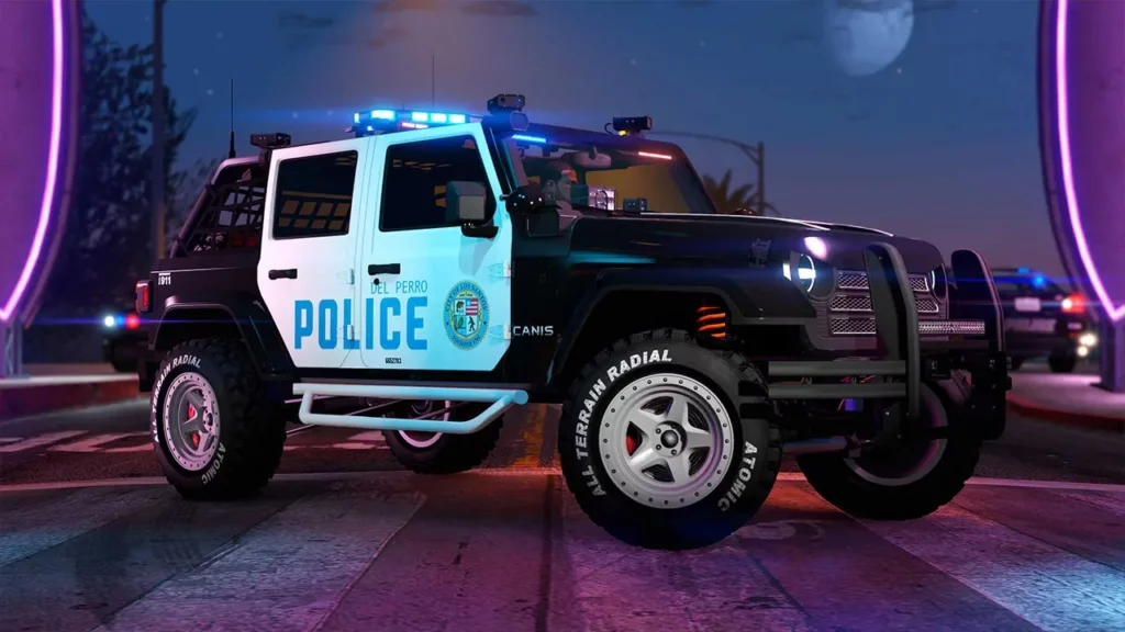Voiture Canis Terminus de patrouille réalisant un barrage routier sur une route de nuit illuminée avec des néons rose.