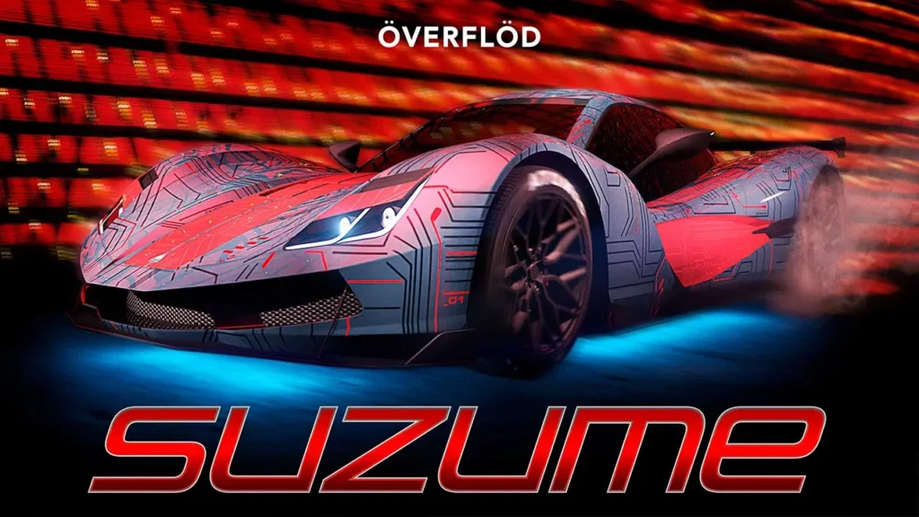 Image promotionnelle de Rockstar Games pour la supercar électrique, Overflod Suzume, de GTA Online. Elle est présentée de devant, peinture blanche, et possède la décalcomanie « Tirs d’espion » sur sa carrosserie.