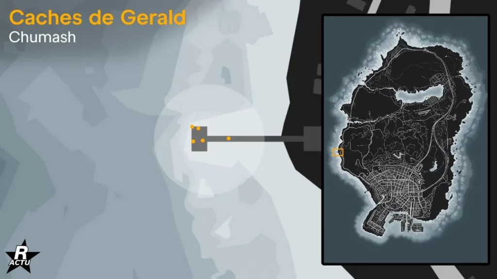 Les différents emplacements où il est possible de trouver un colis de Gerald dans la cache présente sur la jetée de Chumash à la sortie ouest de Los Santos.