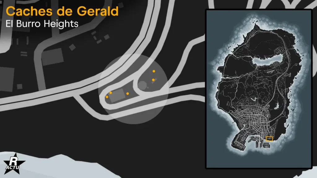 Guide indiquant les emplacements possibles sur une carte, des colis de Gerald pouvant se cacher dans le quartier industriel El Burro Heights de Los Santos.